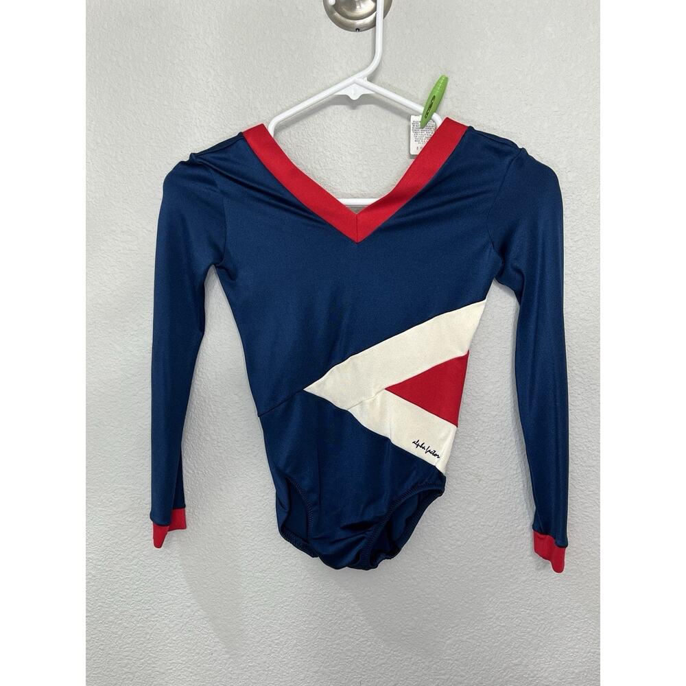 Alpha Factor Girls Leotard Size 8 Navy Red White Long Sleeve Gymnastics